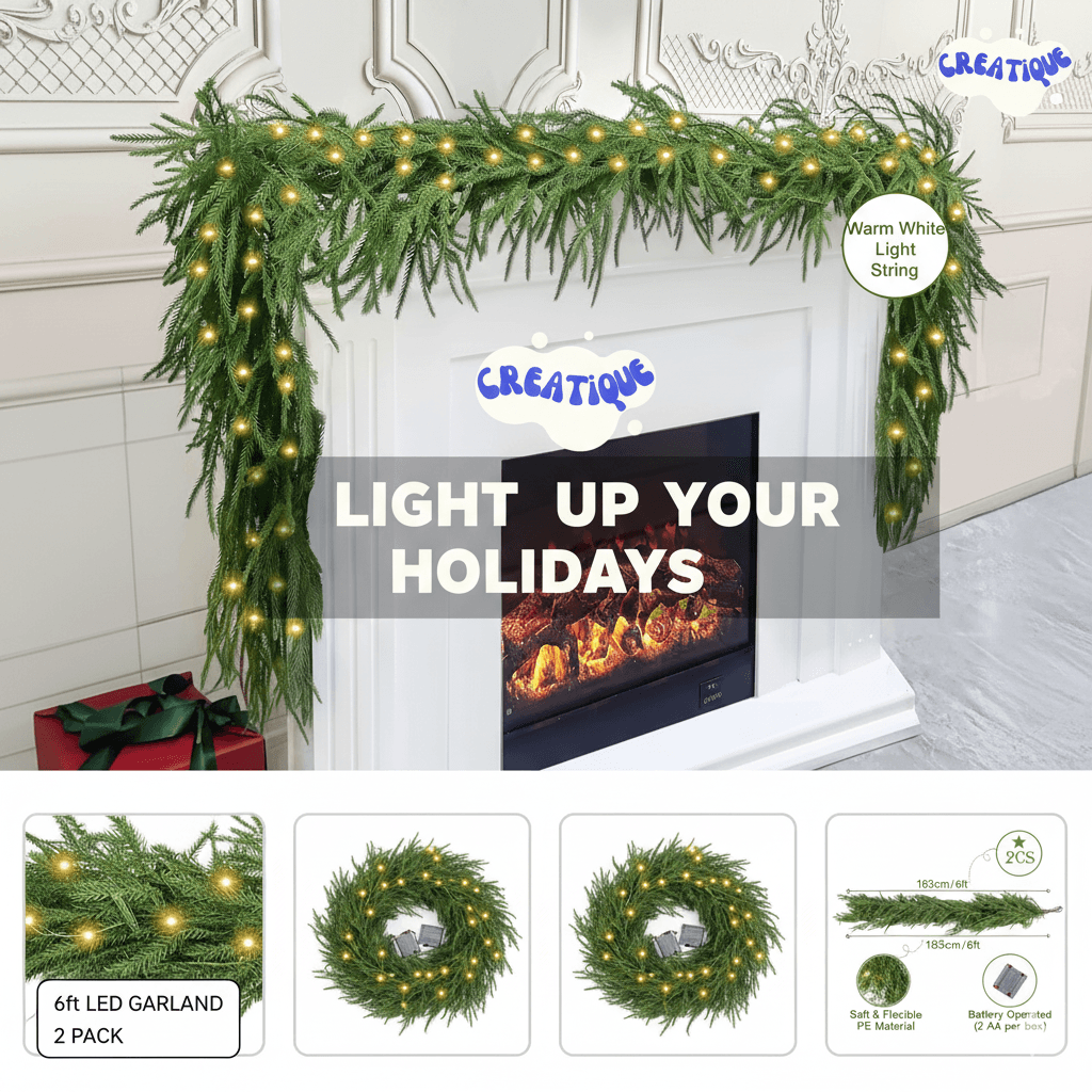 Festive Pine Garland with Lights – Realistic Artificial Pine Garland for Effortless Holiday Décor - Creatique