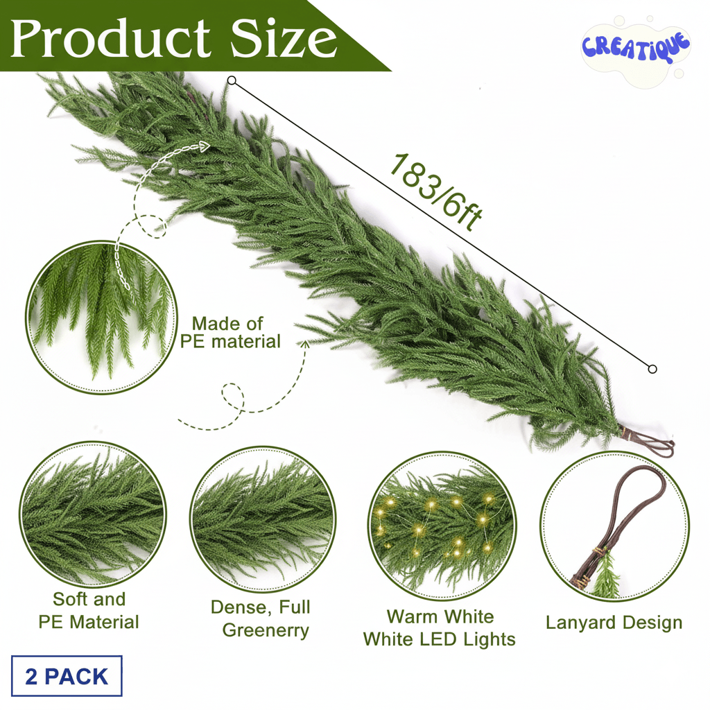 Festive Pine Garland with Lights – Realistic Artificial Pine Garland for Effortless Holiday Décor - Creatique