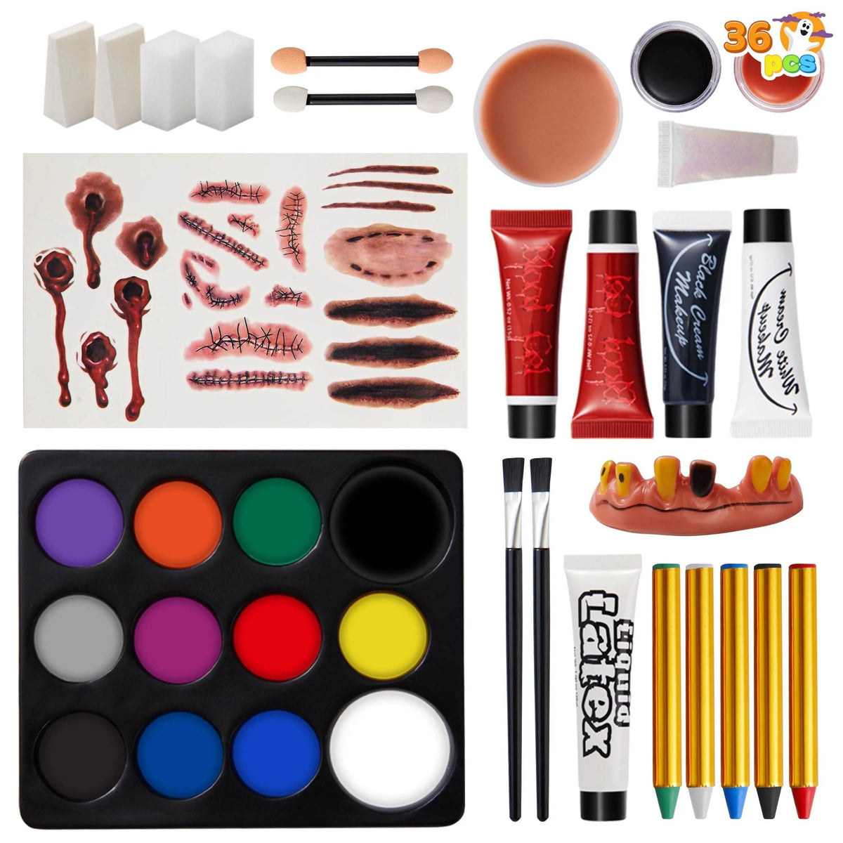 36 Pcs Halloween Makeup Kit,Halloween Family Makeup Set Face Painting Kit with with Zombie Green Ooze,Fake Blood Costume and More for Vampire Cosplay - Creatique