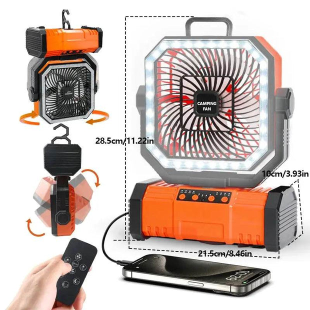 Powerful 20,000mAh Rechargeable Camping Fan & LED Lantern with Remote Control - Perfect for Outdoor Adventures and Comes with Storage Bag