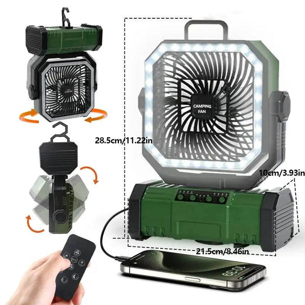 Powerful 20,000mAh Rechargeable Camping Fan & LED Lantern with Remote Control - Perfect for Outdoor Adventures and Comes with Storage Bag