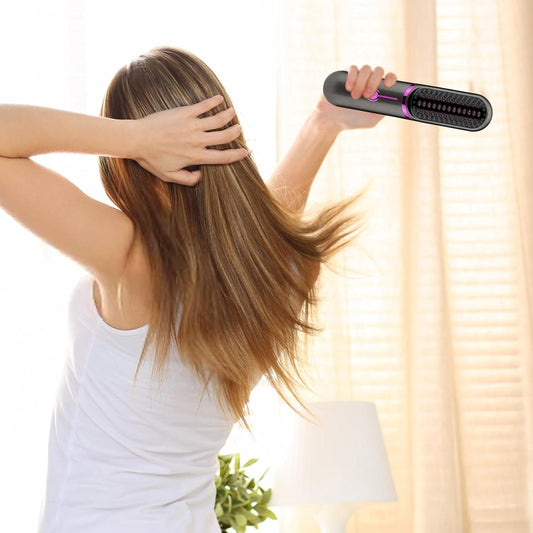 Wireless cordless hair straightening brush with rechargeable battery for anti-frizz styling