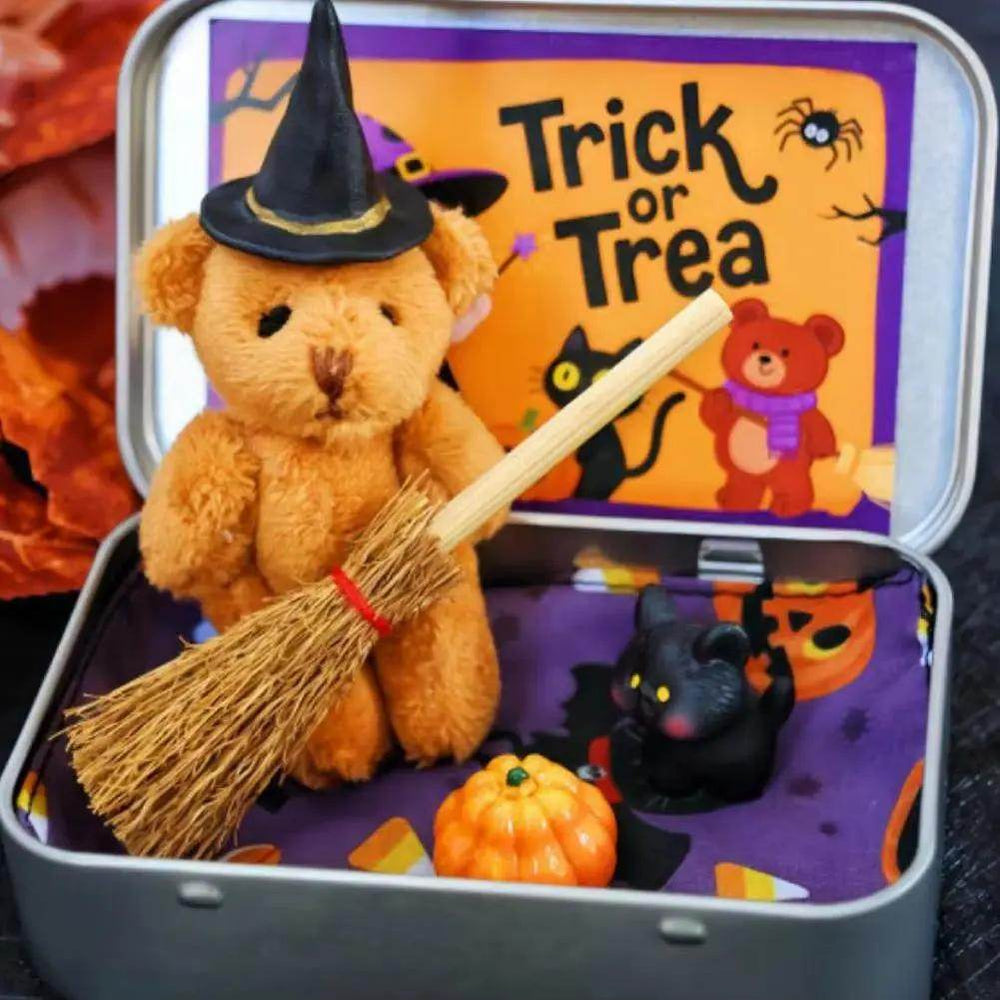 Halloween Bear in a Box for Trick or Treat,Cute Halloween Decoration for Kids, Plush Mini Teddy Bear Gift with Wizard Hat - Creatique