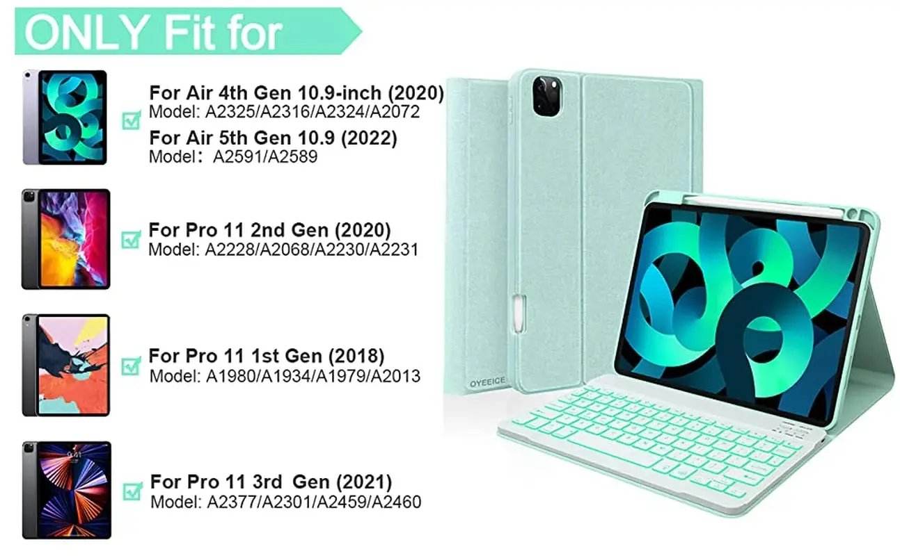 Ipad Keyboard Case for Ipad Air 5Th/4Th Gen 2022/2020 10.9 Inch - Pro 11 4Th 3Rd 2Nd 1St Gen 2022/2021/2020/2018, Detachable BT Backlit Magnetic Keyboard, Built-In Pencil Holder, Smart Cover (Green） - Creatique