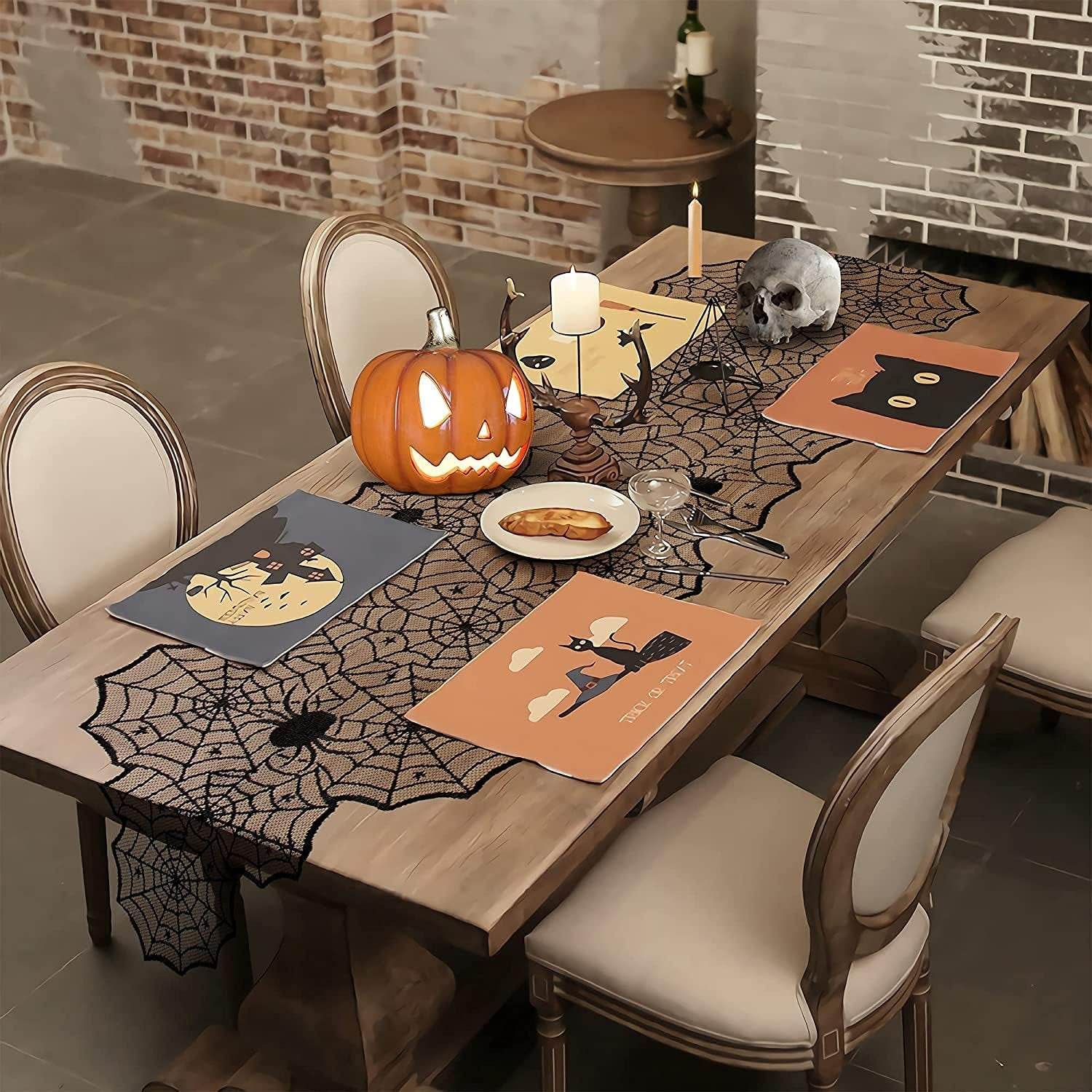 Halloween Table Runner – Black Lace Spider Web Design (2 Pack, 18x72 Inches) - Creatique