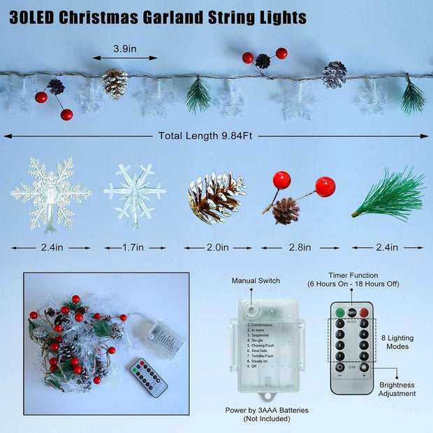 30 Led 10Ft Christmas Garland Snowflake Lights, Pine Cones Red Berry Battery Operated Fairy String Lights 8 Lighting Modes with Timer Indoor Outdoor Tree Decor Fireplace Mantle Decorations Warm White - Creatique
