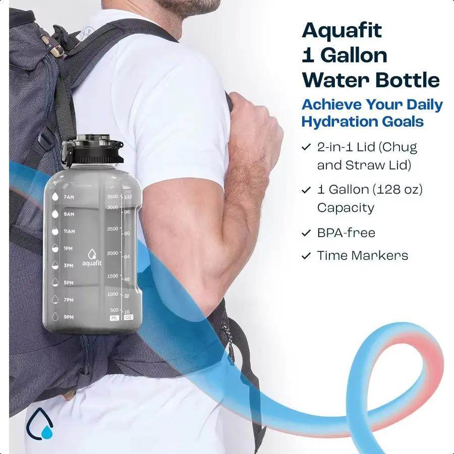 128 Oz BPA Free 1 Gallon Water Bottle with Time Marker & 2-in-1 Straw Chug Lid - Gray Gym Essential - Creatique