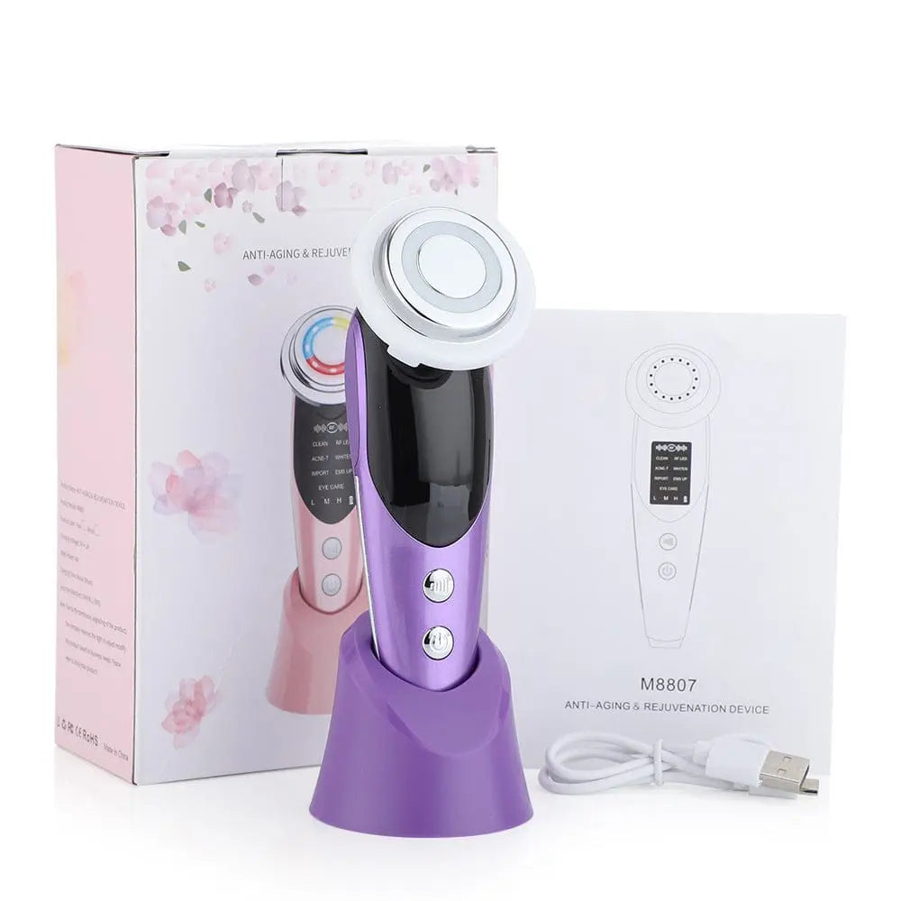 Electric facial massager showing 7 different attachment heads for various treatments