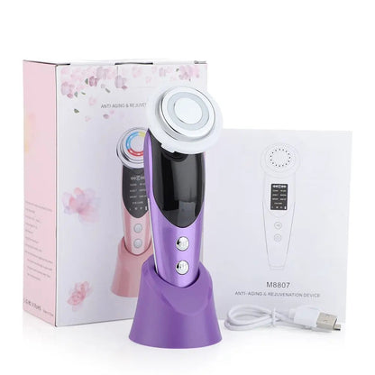 Electric facial massager showing 7 different attachment heads for various treatments