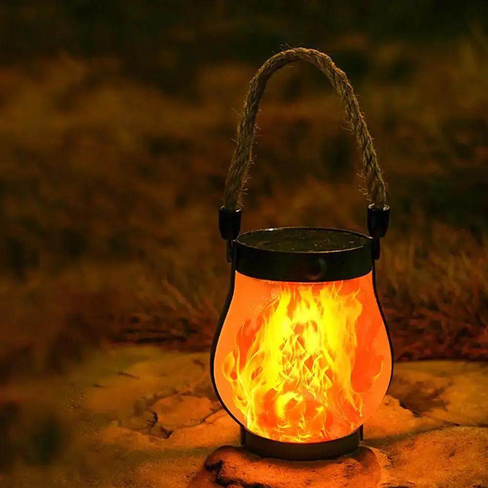 Solar Flame Lamp Rechargeable Hanging Courtyard Decoration Garden Lantern Lighting Lamp with Hemp Rope Outdoor Camping Lamp - Creatique