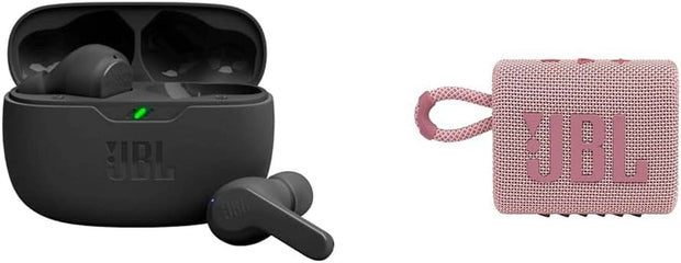 Vibe Beam True Wireless Headphones - Black, Small & Go 3: Portable Speaker with Bluetooth, Built-In Battery, Waterproof and Dustproof Feature - Pink - Creatique