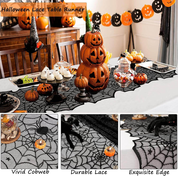 Halloween Table Runner: Black Lace Spider Web Table Runners 2 Packs 18 X 72 Inches for Halloween Decor, Vivid Polyester Spider Web Table Runner for Halloween Masquerade Party Dinner Table Decorations - Creatique