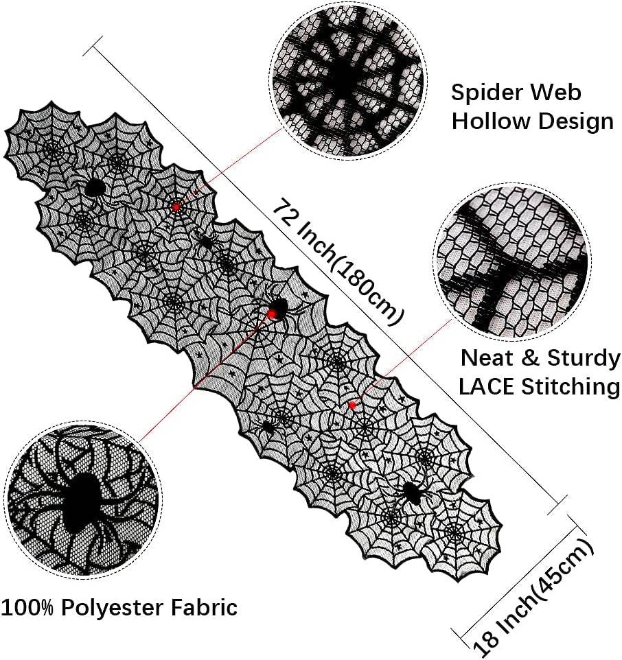 Halloween Table Runner – Black Lace Spider Web Design (2 Pack, 18x72 Inches) - Creatique