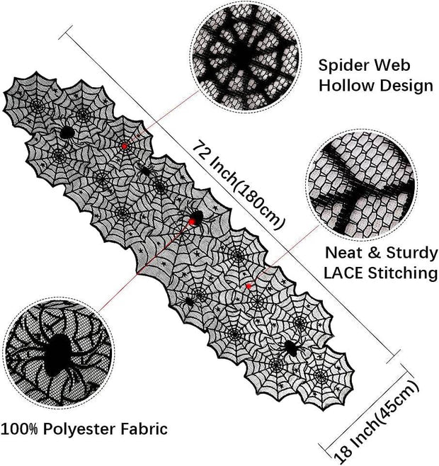 Halloween Table Runner: Black Lace Spider Web Table Runners 2 Packs 18 X 72 Inches for Halloween Decor, Vivid Polyester Spider Web Table Runner for Halloween Masquerade Party Dinner Table Decorations - Creatique
