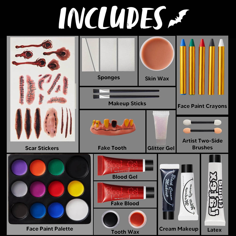 36 Pcs Halloween Makeup Kit,Halloween Family Makeup Set Face Painting Kit with with Zombie Green Ooze,Fake Blood Costume and More for Vampire Cosplay - Creatique