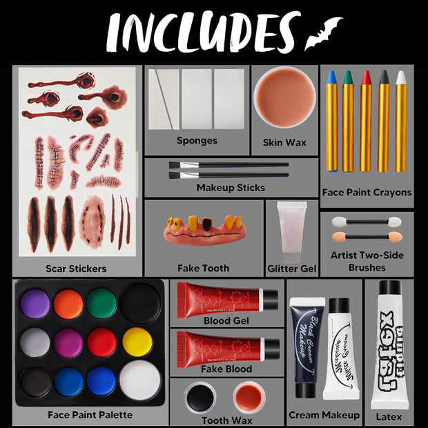 36 Pcs Halloween Makeup Kit,Halloween Family Makeup Set Face Painting Kit with with Zombie Green Ooze,Fake Blood Costume and More for Vampire Cosplay - Creatique