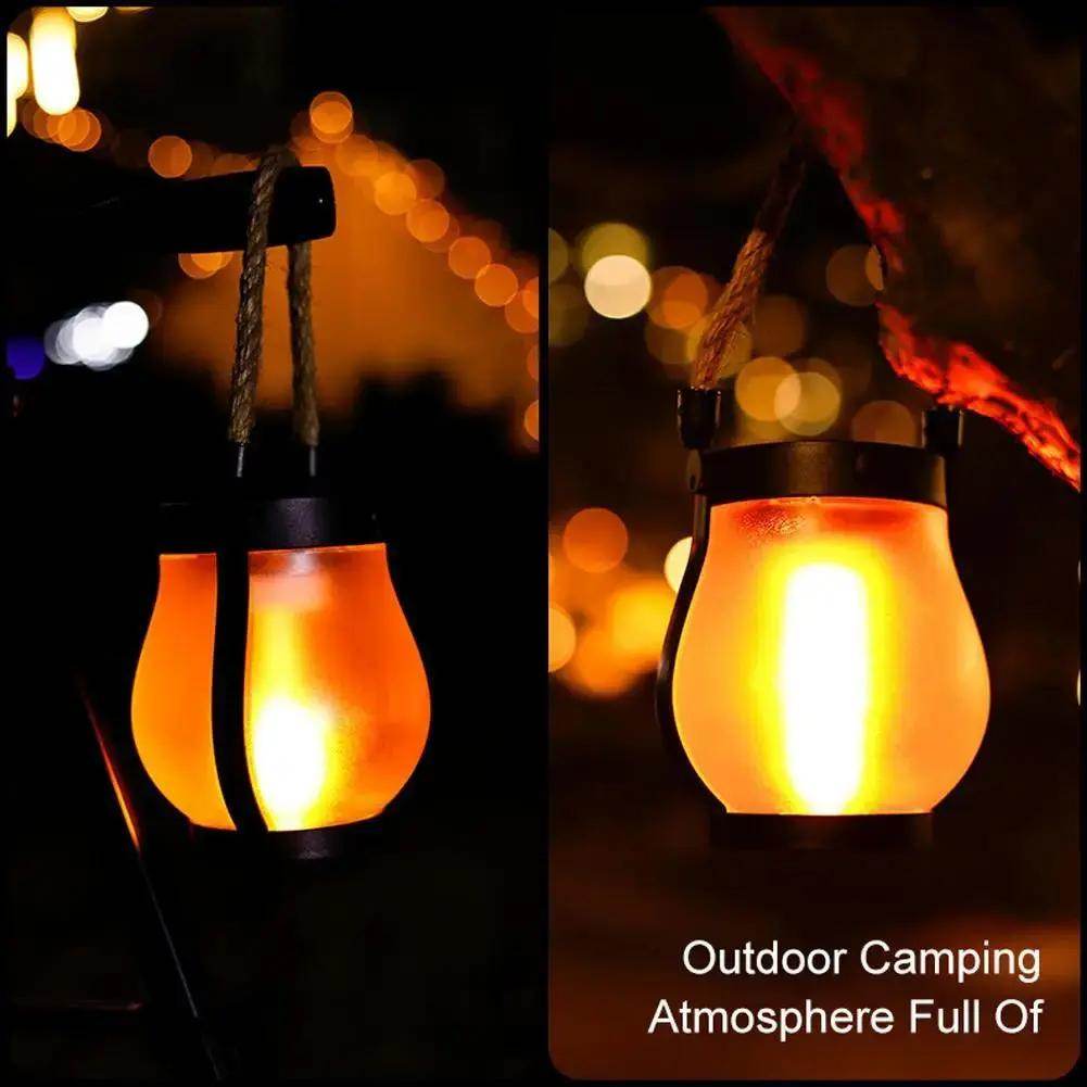 Solar Flame Lamp Rechargeable Hanging Courtyard Decoration Garden Lantern Lighting Lamp with Hemp Rope Outdoor Camping Lamp - Creatique