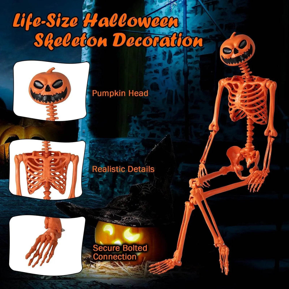 5.2 FT Poseable Halloween Skeleton Life-Size Decoration with Pumpkin Head Orange - Creatique