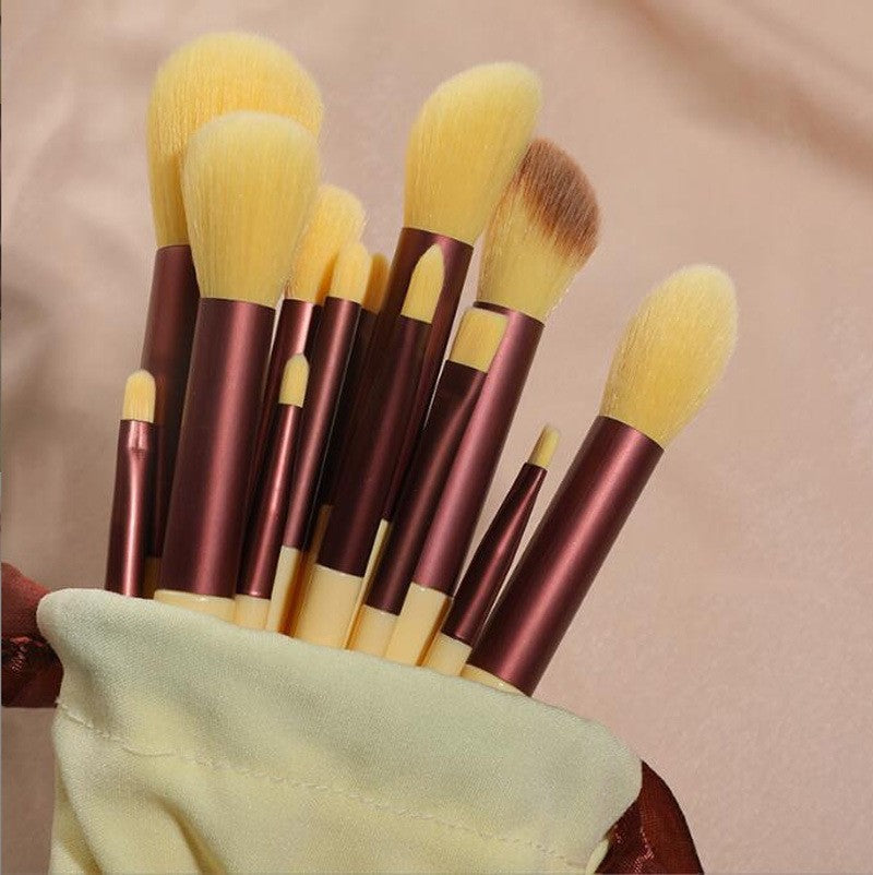 13-piece makeup brush set demonstrating various brush shapes and sizes