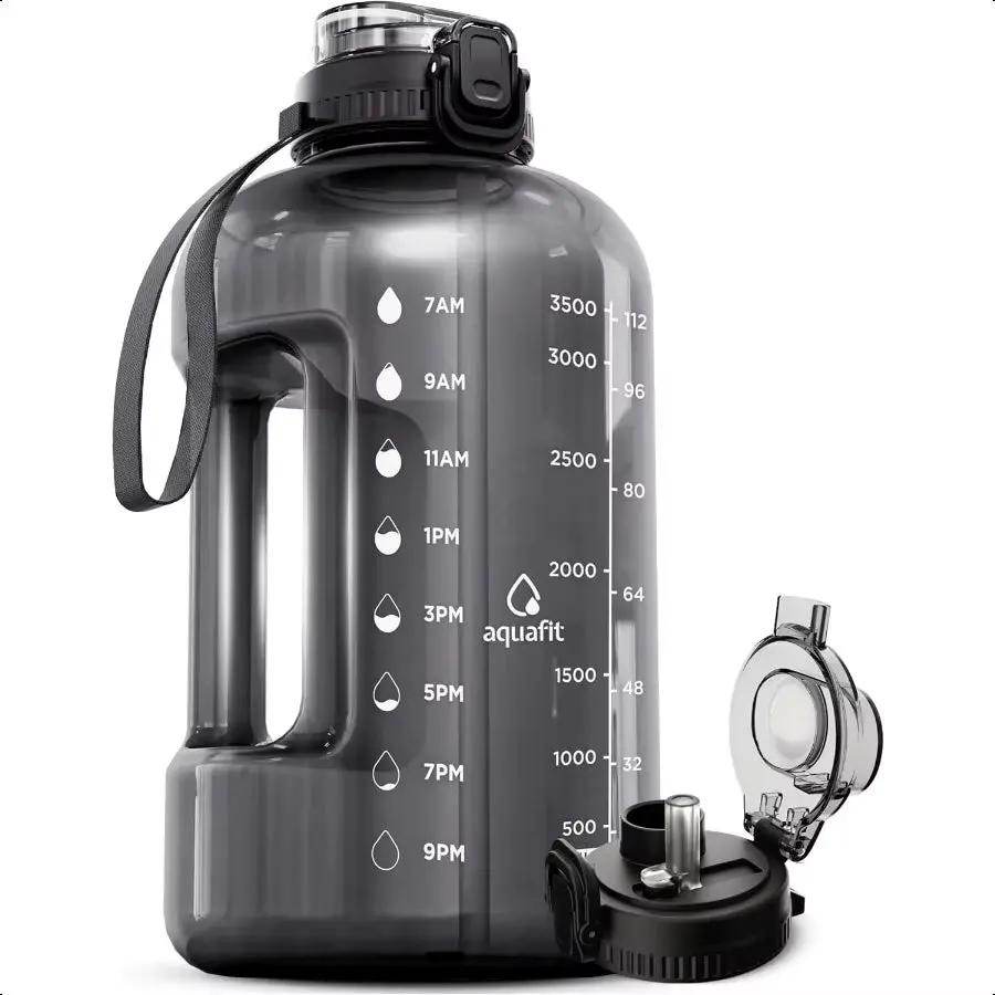 128 Oz BPA Free 1 Gallon Water Bottle with Time Marker & 2-in-1 Straw Chug Lid - Gray Gym Essential - Creatique