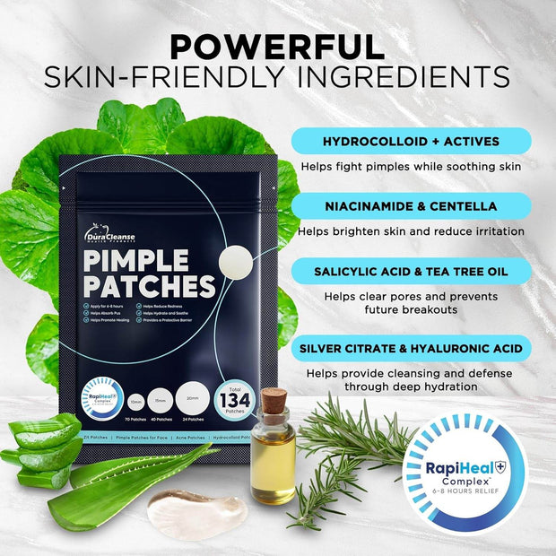 Pimple Patches for Face - 134 Count Hydrocolloid Acne Patches - Zit, Blemish, Cystic Acne Dots & Dark Spot Treatment - Invisible Clear Pimple Patch Stickers for Forehead, Chin, Nose, 3 Sizes (S, M, L) - Creatique