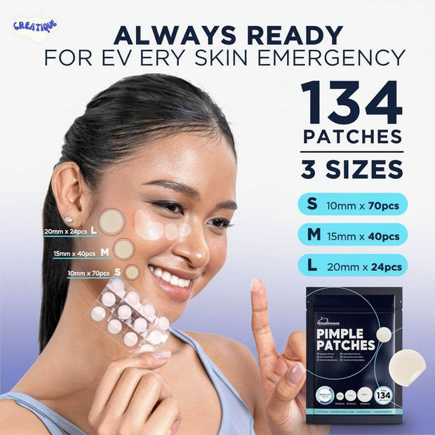Pimple Patches for Face - 134 Count Hydrocolloid Acne Patches - Zit, Blemish, Cystic Acne Dots & Dark Spot Treatment - Invisible Clear Pimple Patch Stickers for Forehead, Chin, Nose, 3 Sizes (S, M, L) - Creatique
