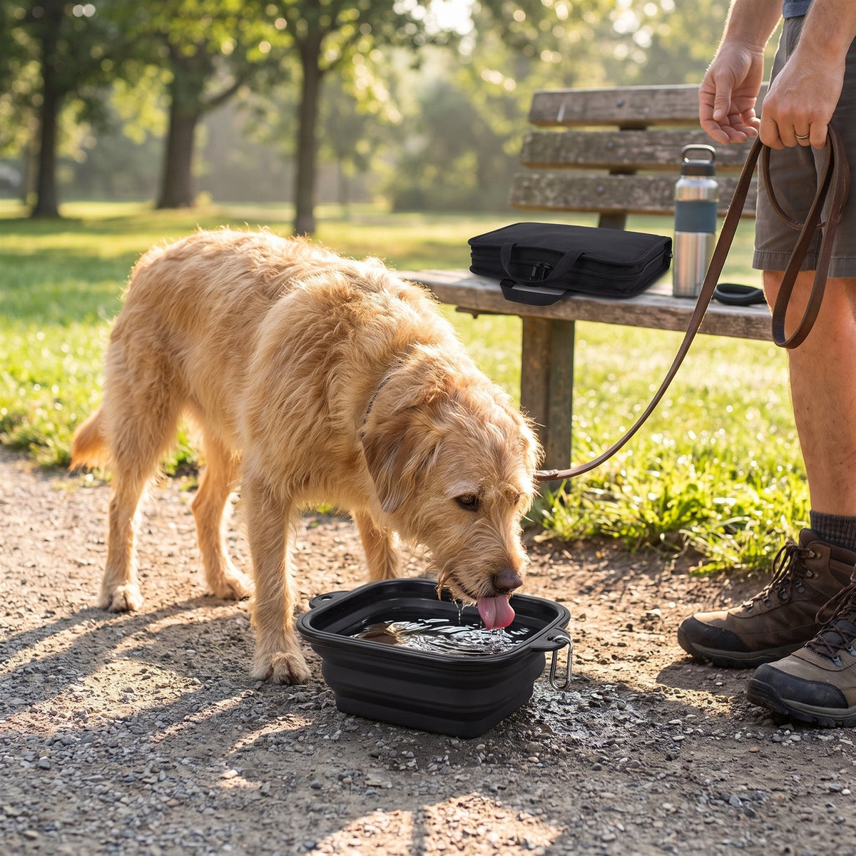 Dog drinking from the collapsible travel bowl in a park with the zip case on a bench
