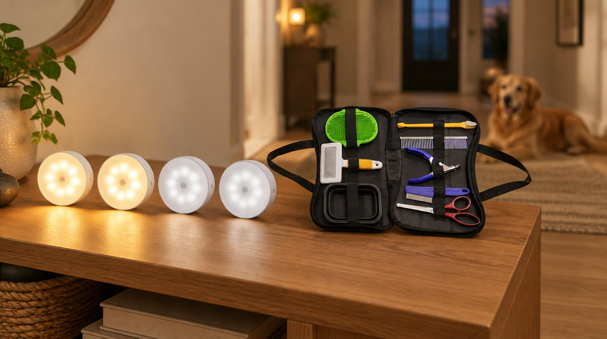 Safe-Night motion-sensor lights and the At-Home Grooming Kit together on a hallway console, a golden retriever resting behind