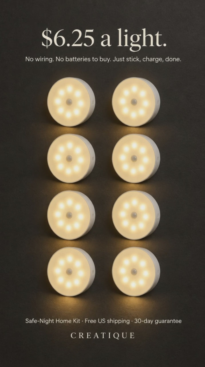 Eight Safe-Night motion-sensor lights switching on one by one on a dark wall