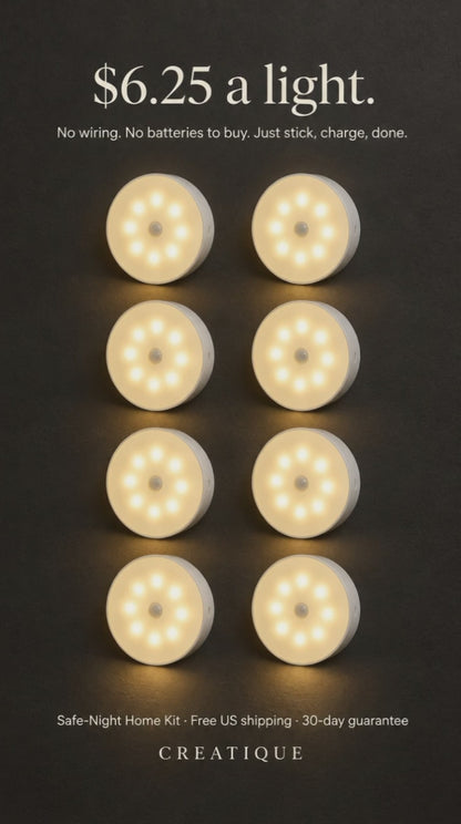 Eight Safe-Night motion-sensor lights switching on one by one on a dark wall