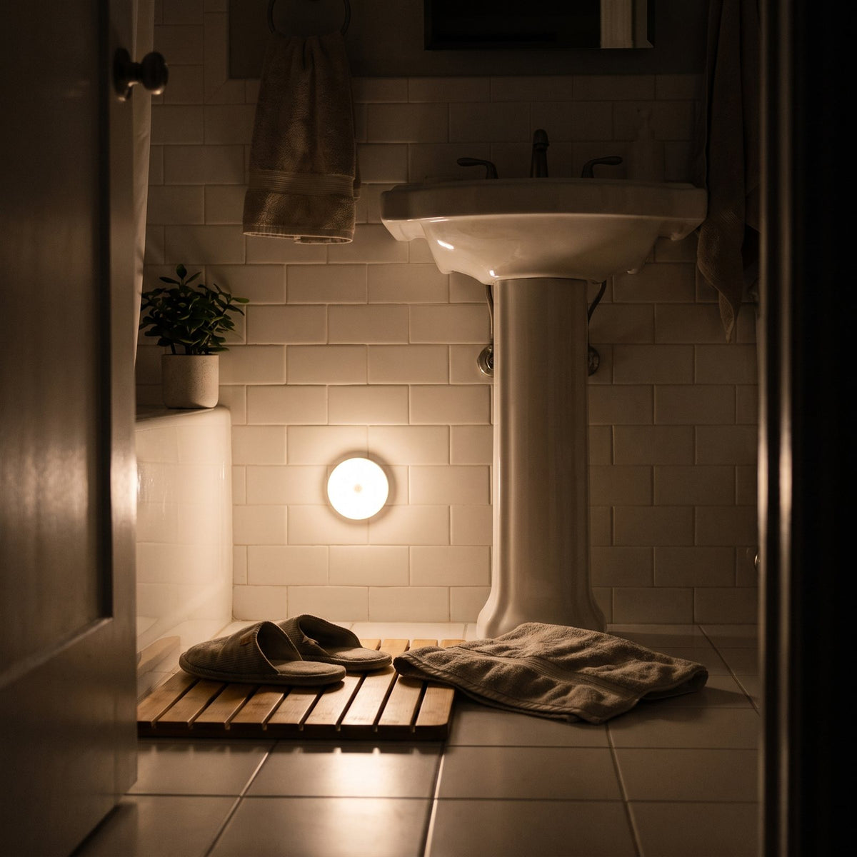 Soft warm motion-sensor light low on a bathroom wall for night trips