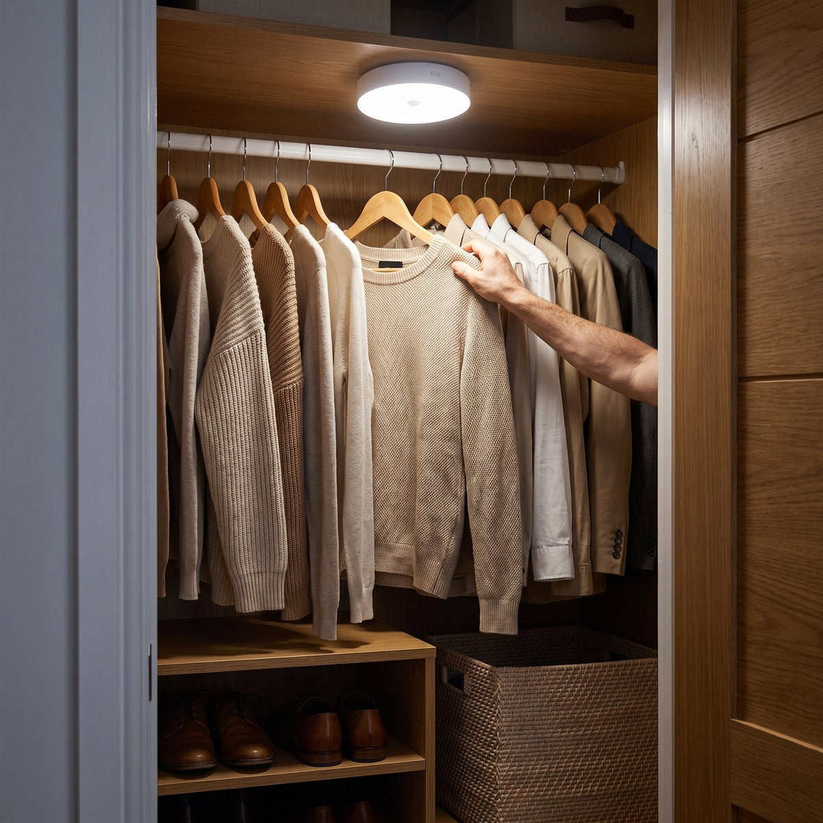 Cool white puck light inside a wardrobe closet lighting hanging clothes