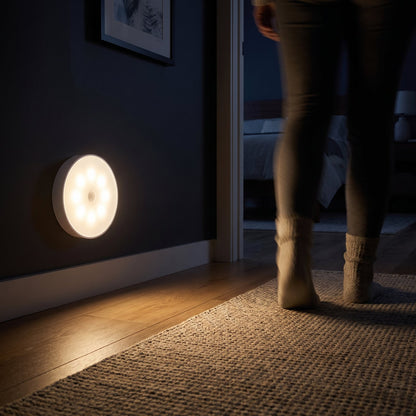 Motion-sensor light glowing warm on a dark hallway wall as someone walks by