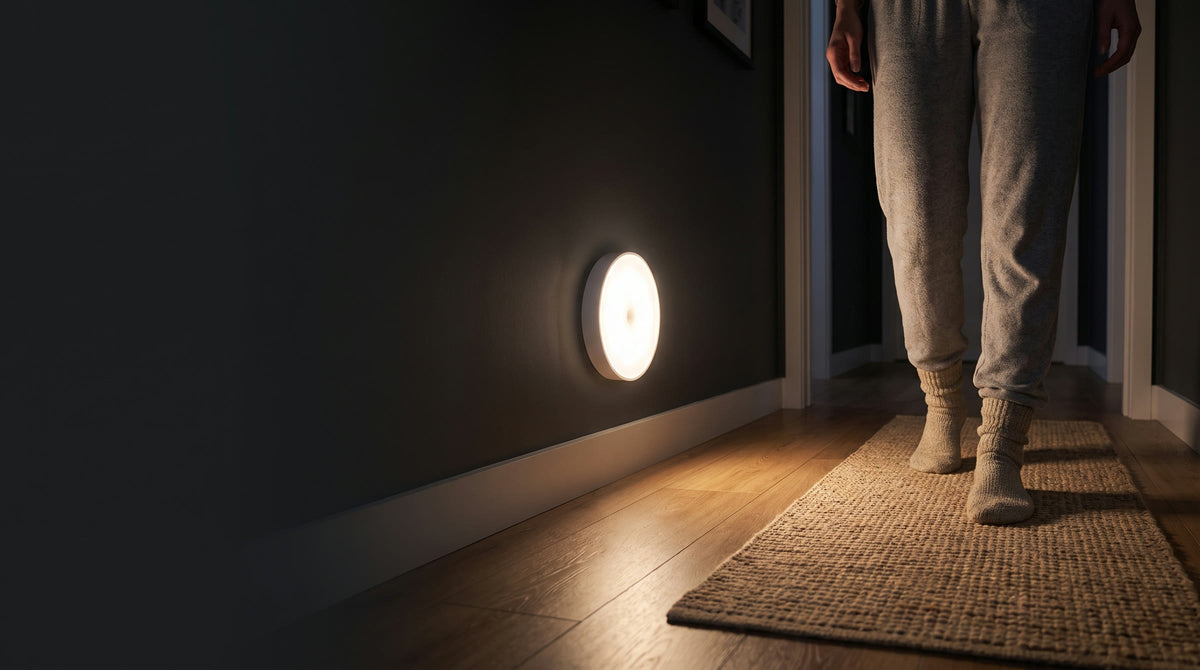 Warm motion-sensor light glowing low on a dark hallway wall as someone in cozy socks walks by at night