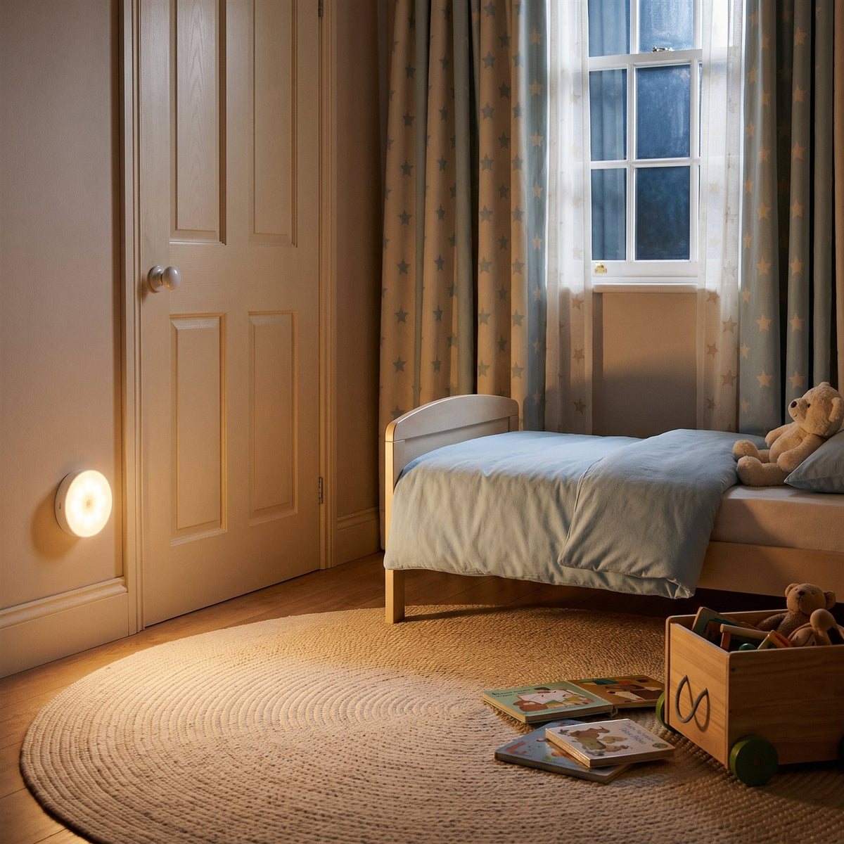 Warm night light beside a child bedroom door lighting a safe path