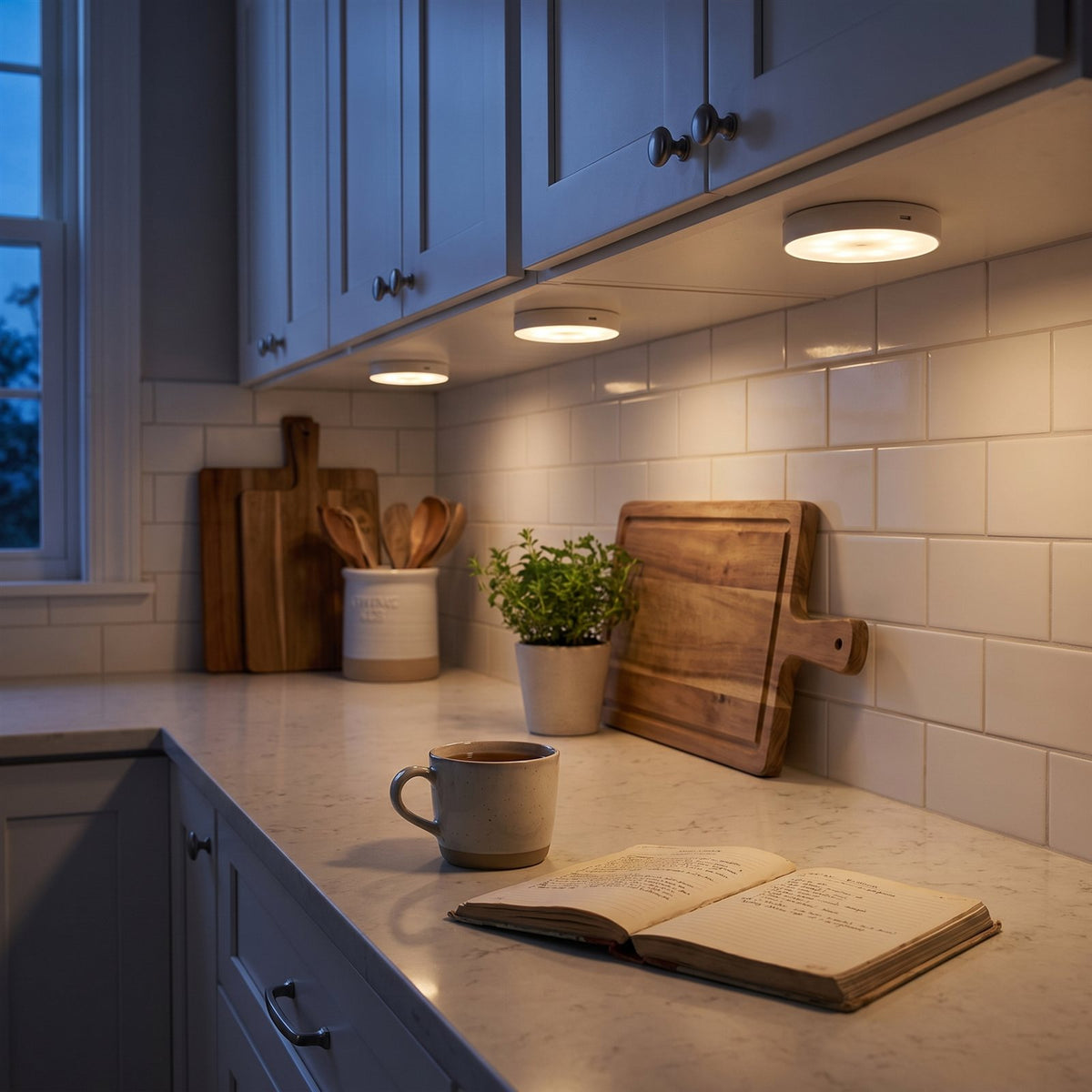 Three rechargeable puck lights under kitchen cabinets lighting the countertop at night