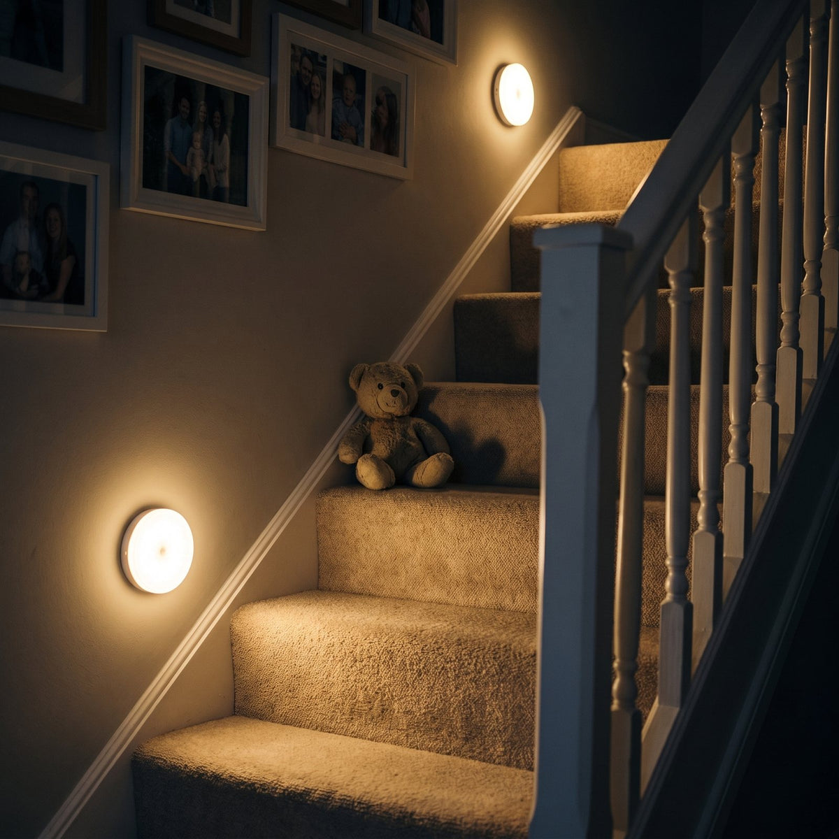 Motion-sensor lights at the top and bottom of a staircase at night