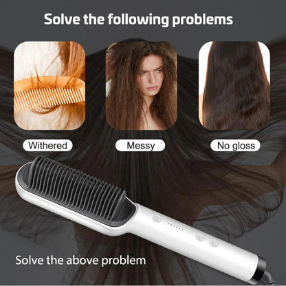 Negative ion hair straightener demonstrating solutions for frizzy damaged hair